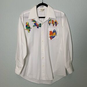 Vintage TIA White Button Up Shirt Medium Tropical Birds Embroidered Art to Wear